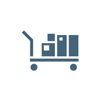 Stylized icon of a pallet on wheels, symbolizing distribution and e-commerce activities