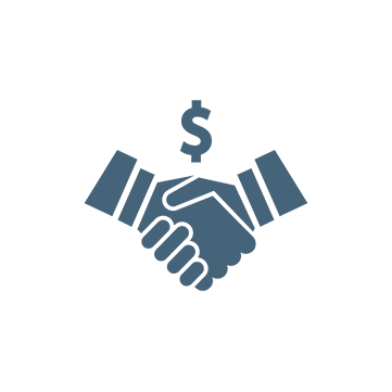 An icon of a dollar sign above two people shaking hands.